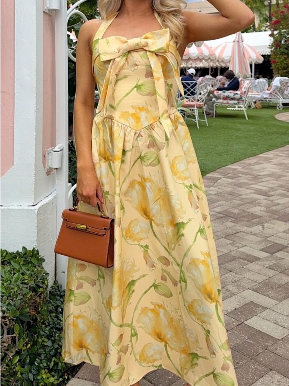 Pale Yellow Floral Halter Maxi Dress with Bow Detail